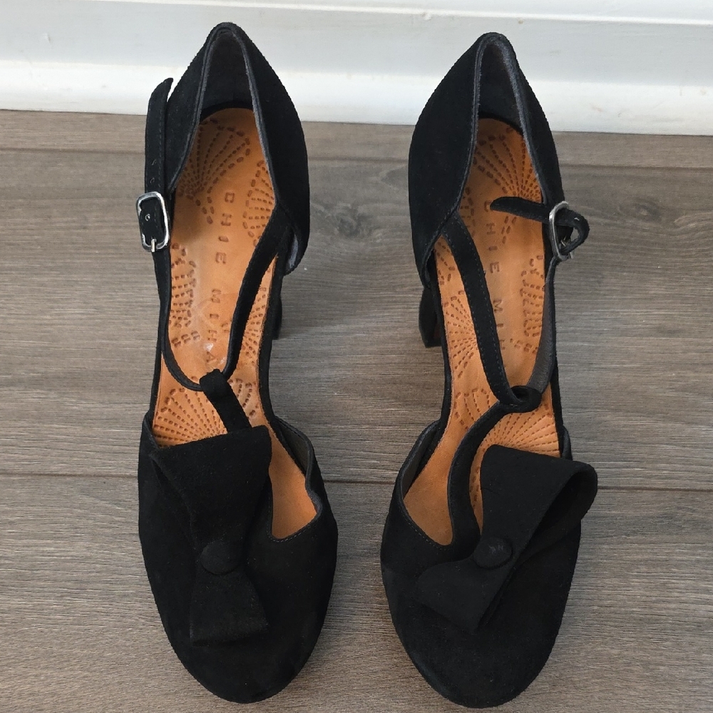 Chie Mihara Black Suede Heels with Bow Detail